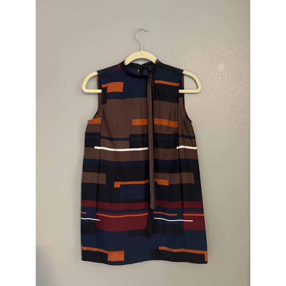Theory 100% Silk Chocolate Brown Geometric Print High Neck Tie Blouse Size P/TP